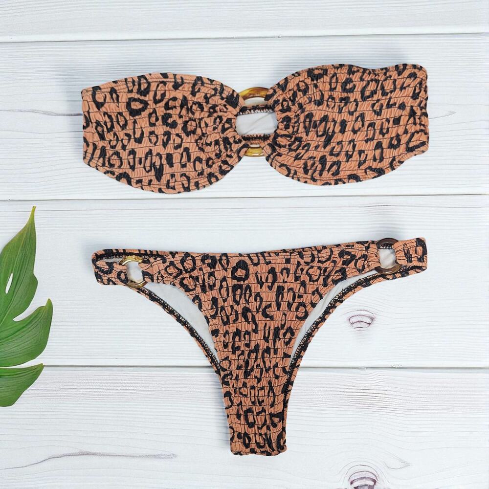 New Trendy Sexy Smocked Strapless Animal Print Sexy Bikini Swim Set S